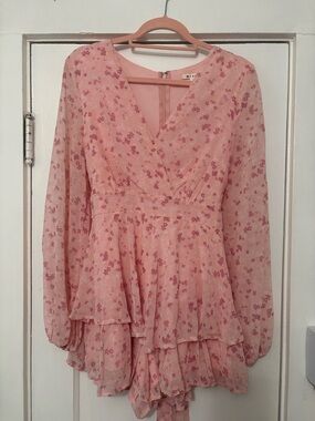 Francesca's Pink Floral Tiered Romper with Sheer Sleeves